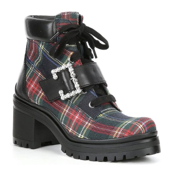 NEW Gianni Bini GB Pop-Star Plaid Rhinestone Buckle Lug Sole Booties - Picture 1 of 5